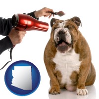 arizona map icon and a dog being groomed with a comb and a hair dryer