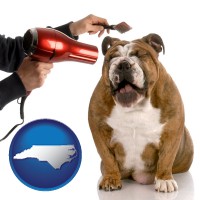 north-carolina map icon and a dog being groomed with a comb and a hair dryer