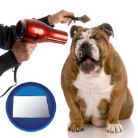 north-dakota map icon and a dog being groomed with a comb and a hair dryer