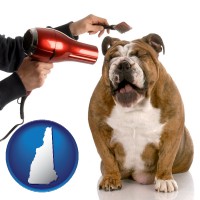 new-hampshire map icon and a dog being groomed with a comb and a hair dryer